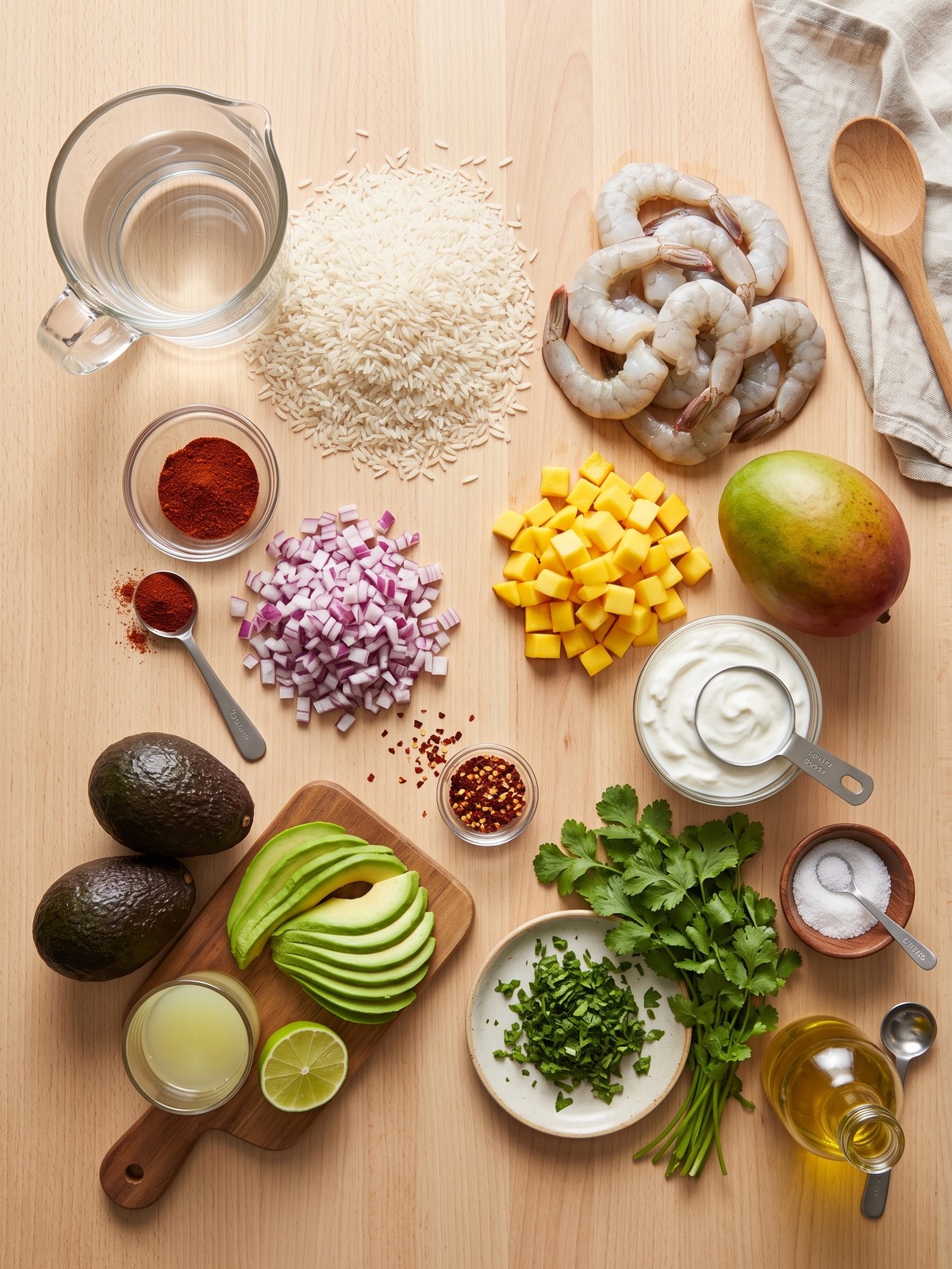 Overhead shot of a bowl with cilantro lime rice, chili shrimp, avocado fans, mango, and a drizzle of yogurt crema.