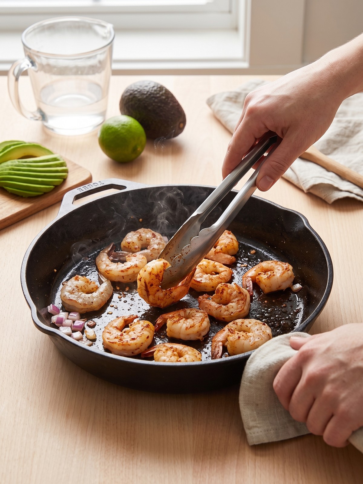 Step-by-step collage showing shrimp being tossed with chili powder, searing in a skillet, and the finished bowl being assembled.