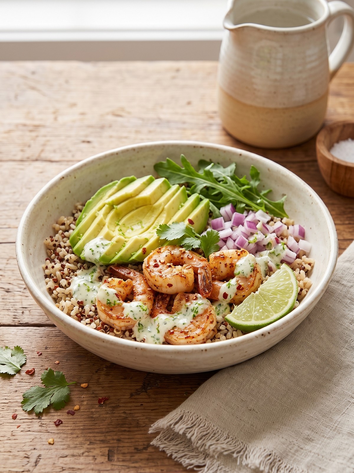 Variation bowl with cauliflower rice, shrimp, avocado, mango, and a sprinkle of toasted pepitas.
