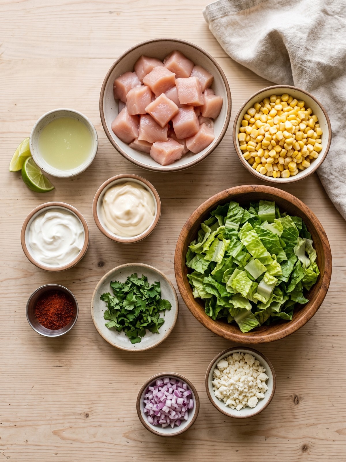 High-Protein Chicken Street Corn Salad in a large bowl with chicken, corn, romaine, and Cotija cheese