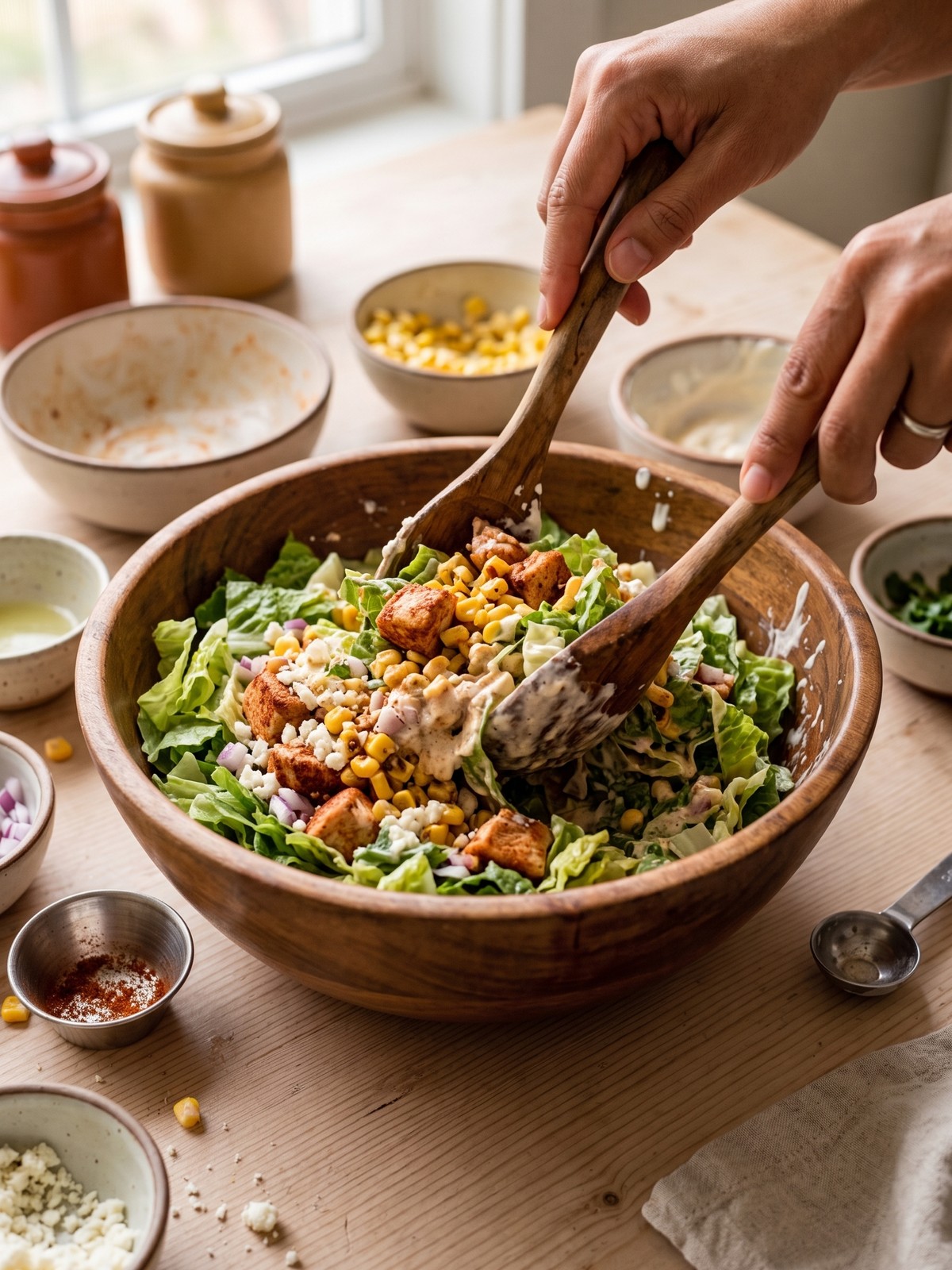 Step-by-step of making High-Protein Chicken Street Corn Salad with chicken cooking in a skillet