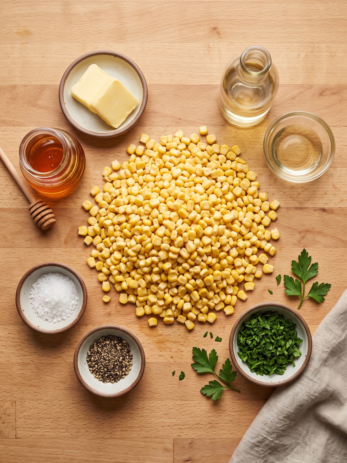 Honey Butter Skillet Corn ingredients with sweet corn butter honey parsley and seasonings