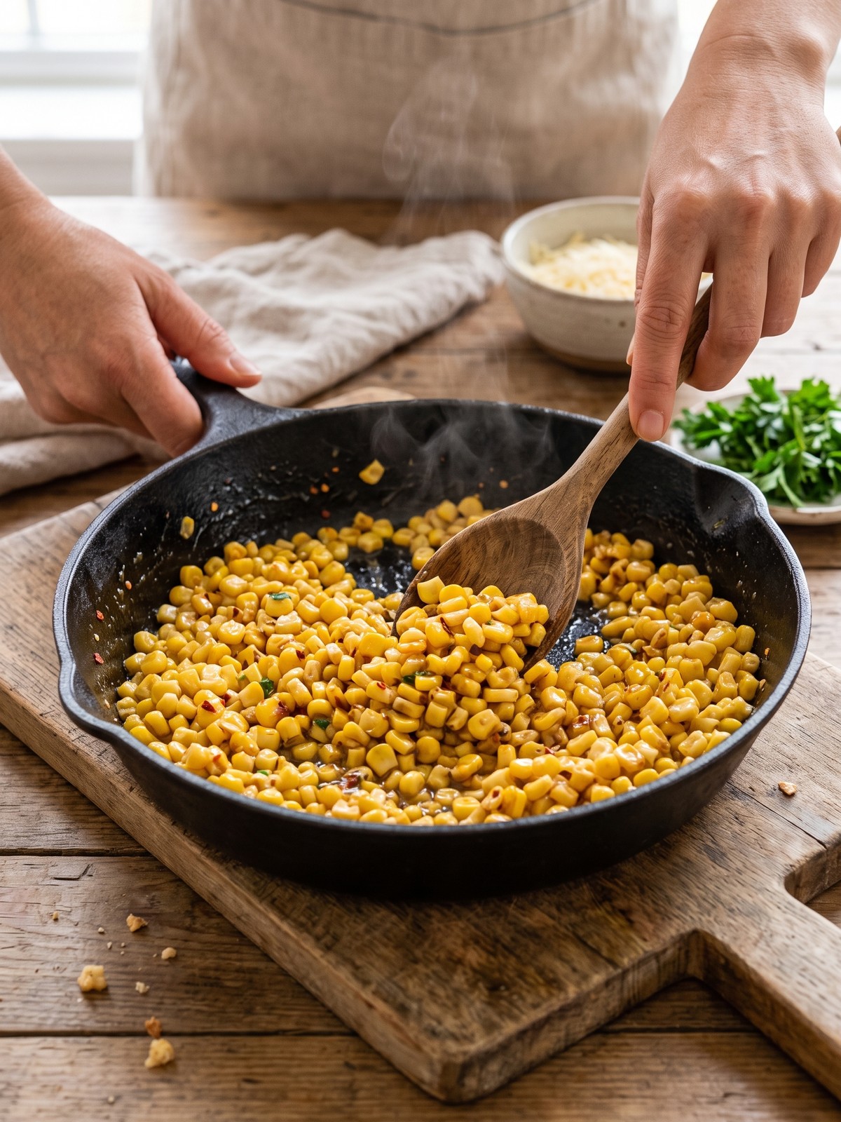 How to make Honey Butter Skillet Corn in a hot skillet with glossy honey butter glaze