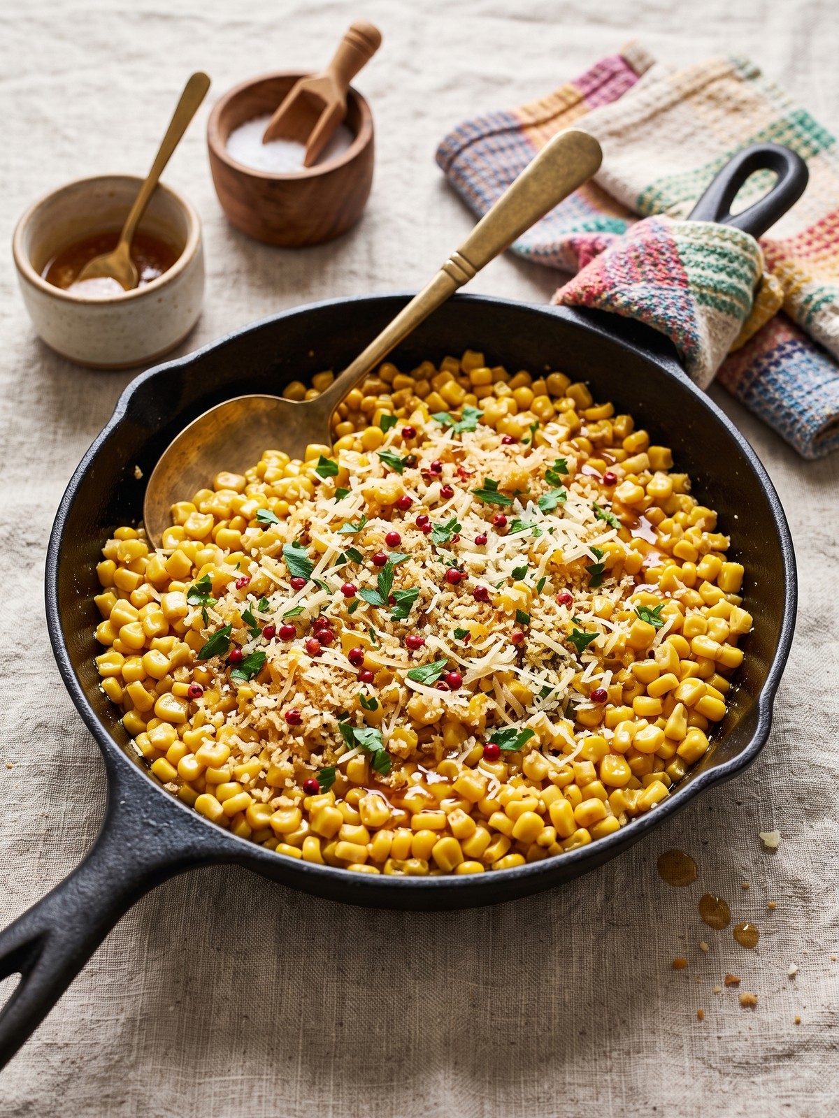 Serving bowl of Honey Butter Skillet Corn with parsley and cracked black pepper