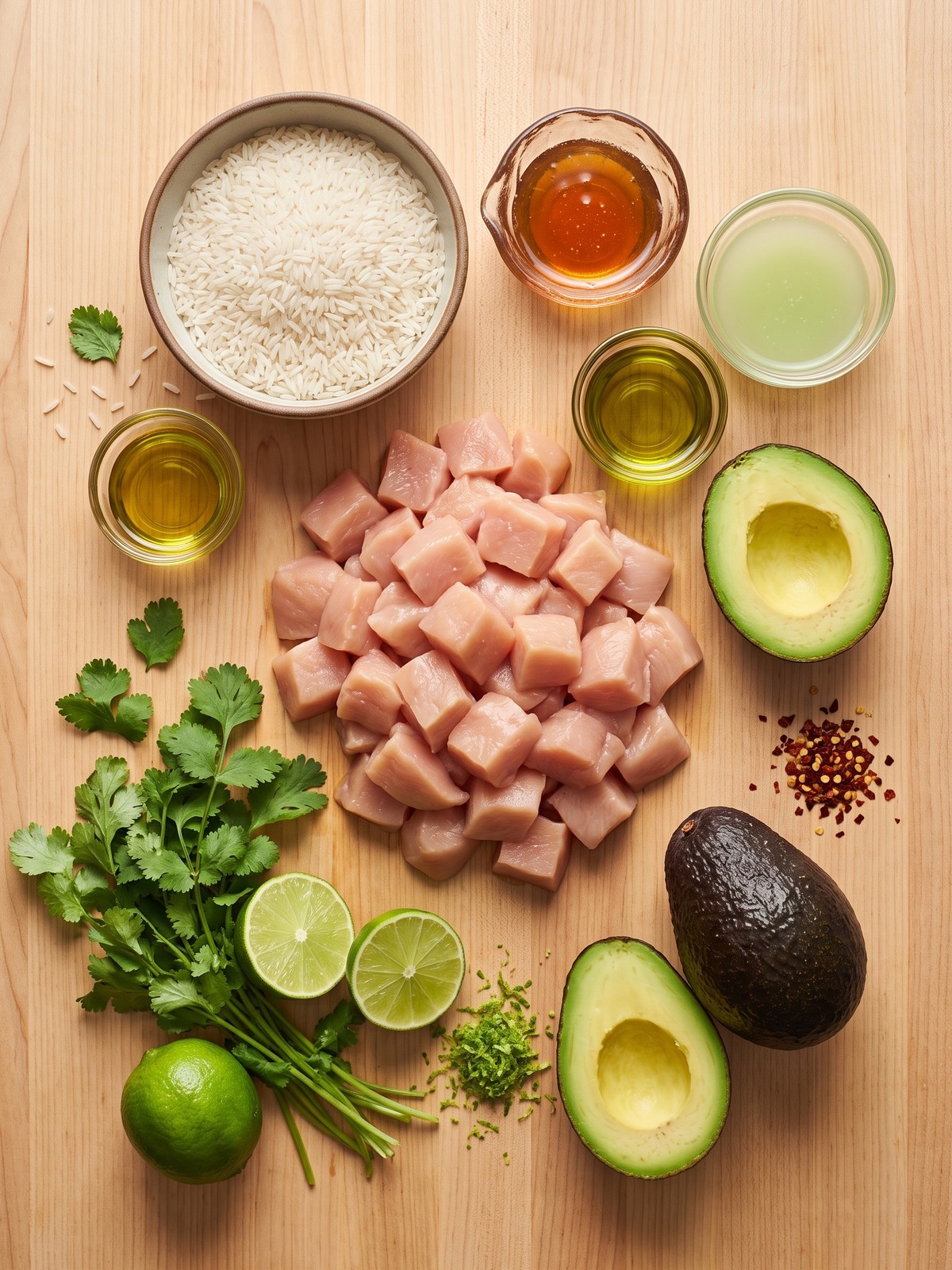 Overhead shot of a Honey Lime Chicken Avocado Stack with layers of rice, glazed chicken, and sliced avocado on a white plate.