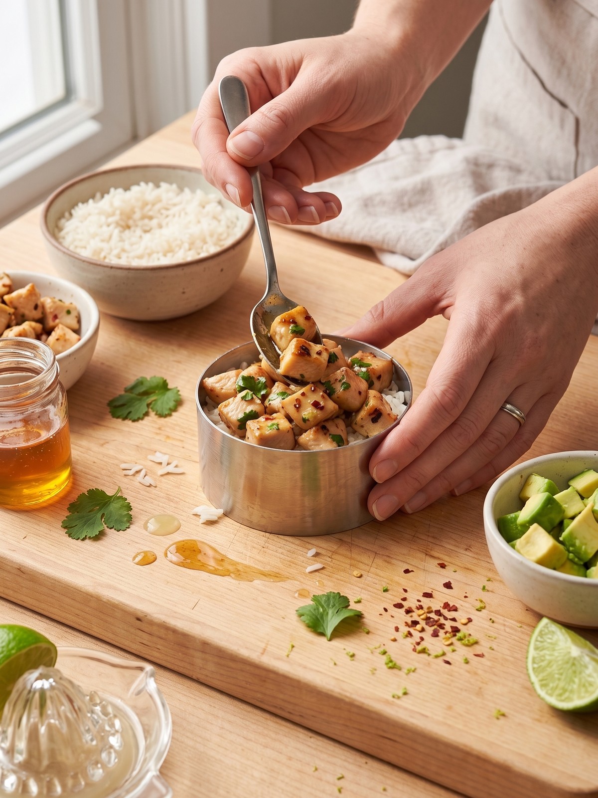 Step-by-step process showing chicken searing in a skillet, then being glazed with honey-lime sauce.