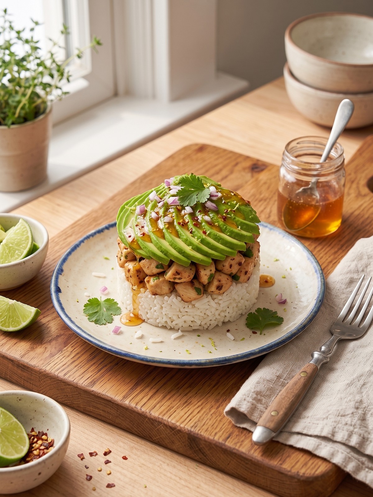 Variation of the Honey Lime Chicken Avocado Stack served in a bowl with black beans and mixed greens.