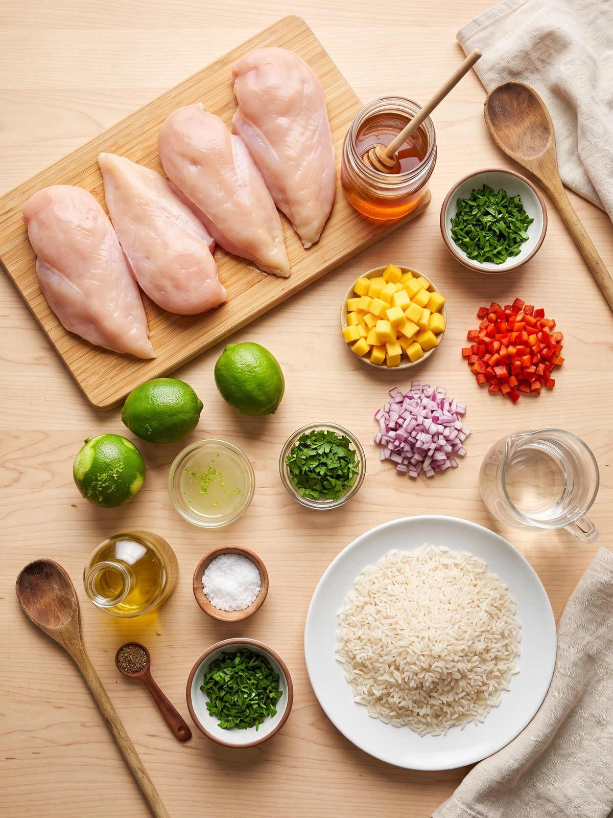 Honey lime chicken with mango salsa on a white plate with rice