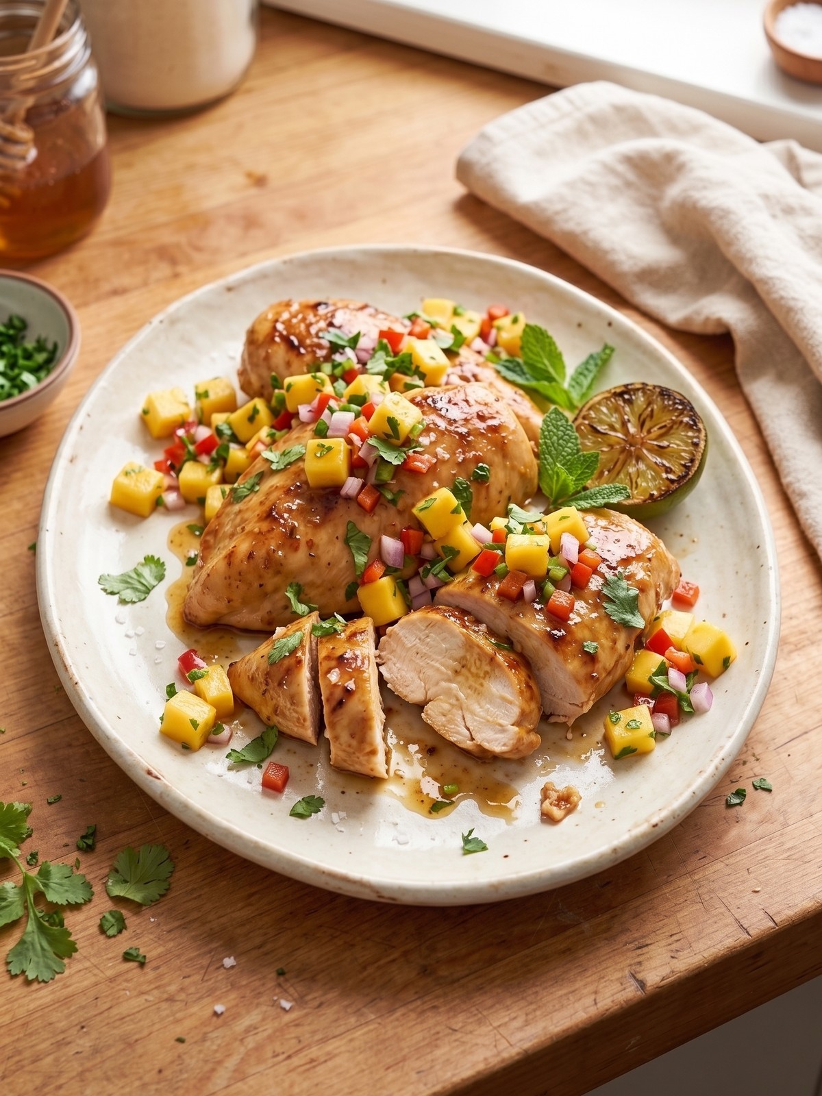 Honey lime chicken with mango salsa in a bowl with rice and lime wedge