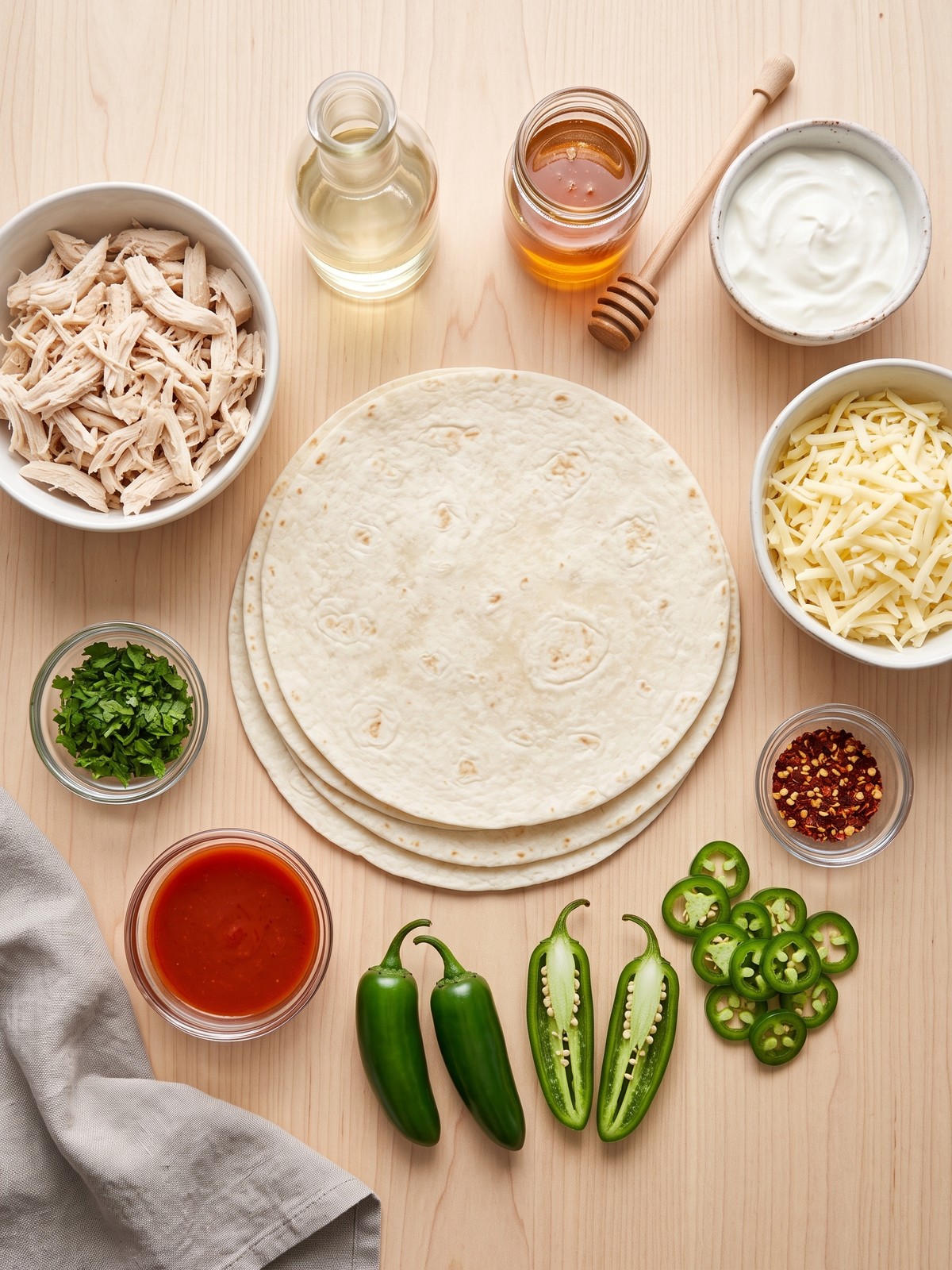 Hot Honey Chicken Quesadillas ingredients on a wooden board
