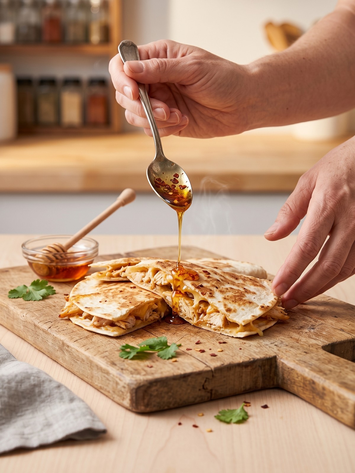Hot Honey Chicken Quesadillas cooking in a skillet