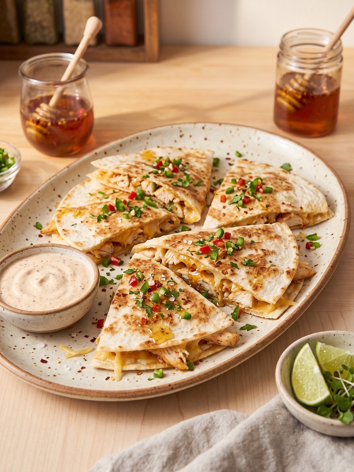 Hot Honey Chicken Quesadillas with dipping sauce