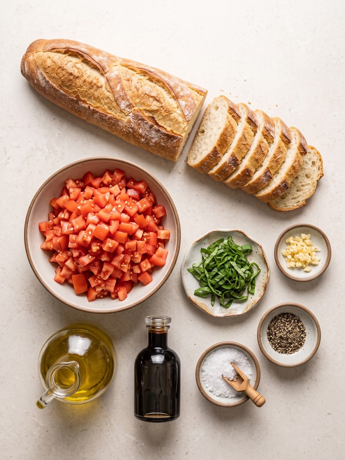 Fresh tomato basil bruschetta topping in a bowl next to toasted baguette slices