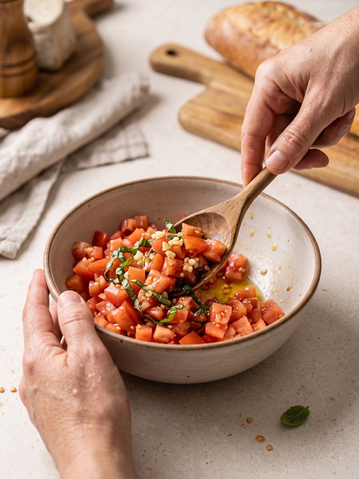 Hands spooning tomato mixture onto toasted baguette slices for Italian bruschetta