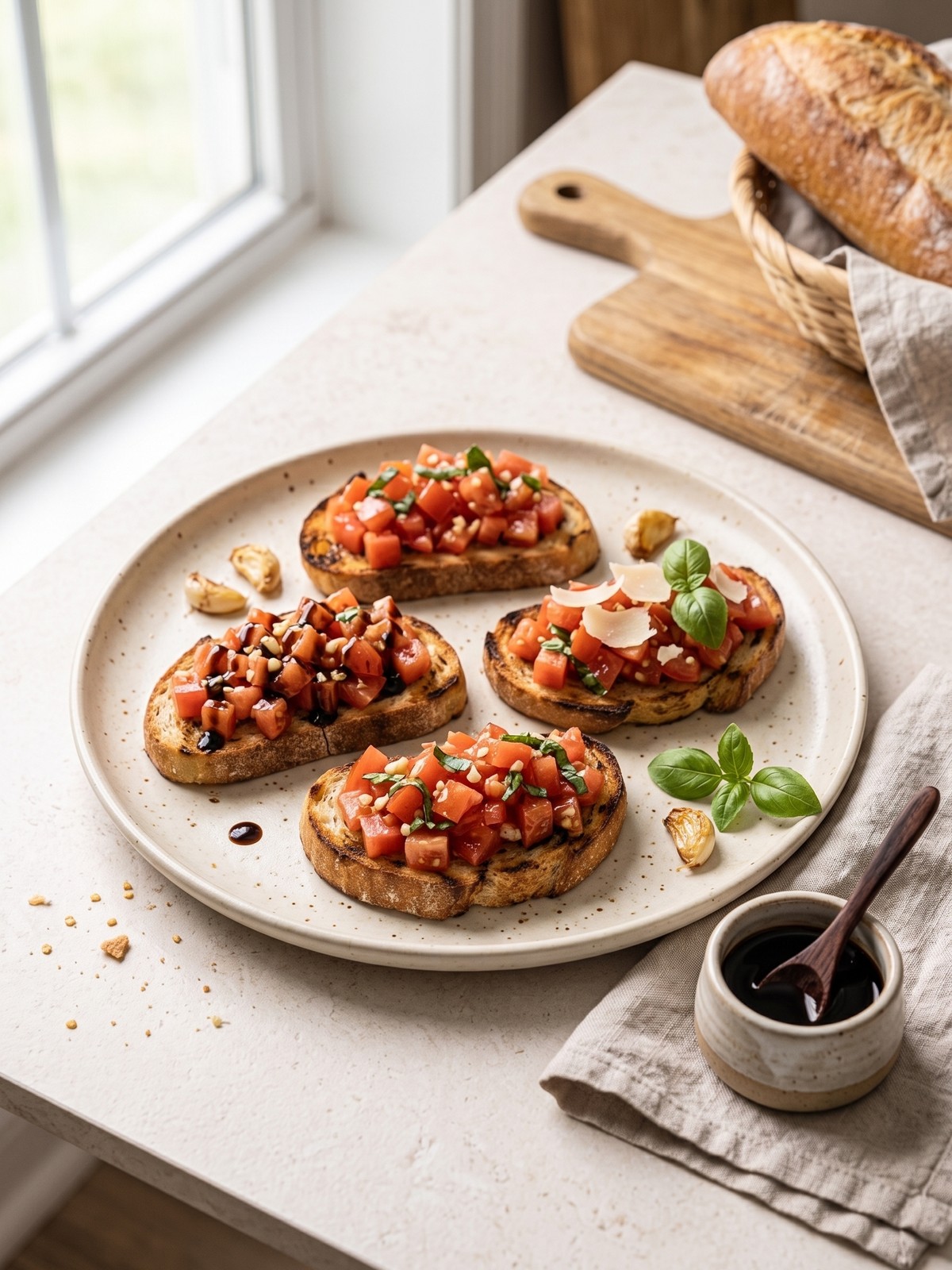 Variation of Italian bruschetta with mozzarella and avocado on a serving platter