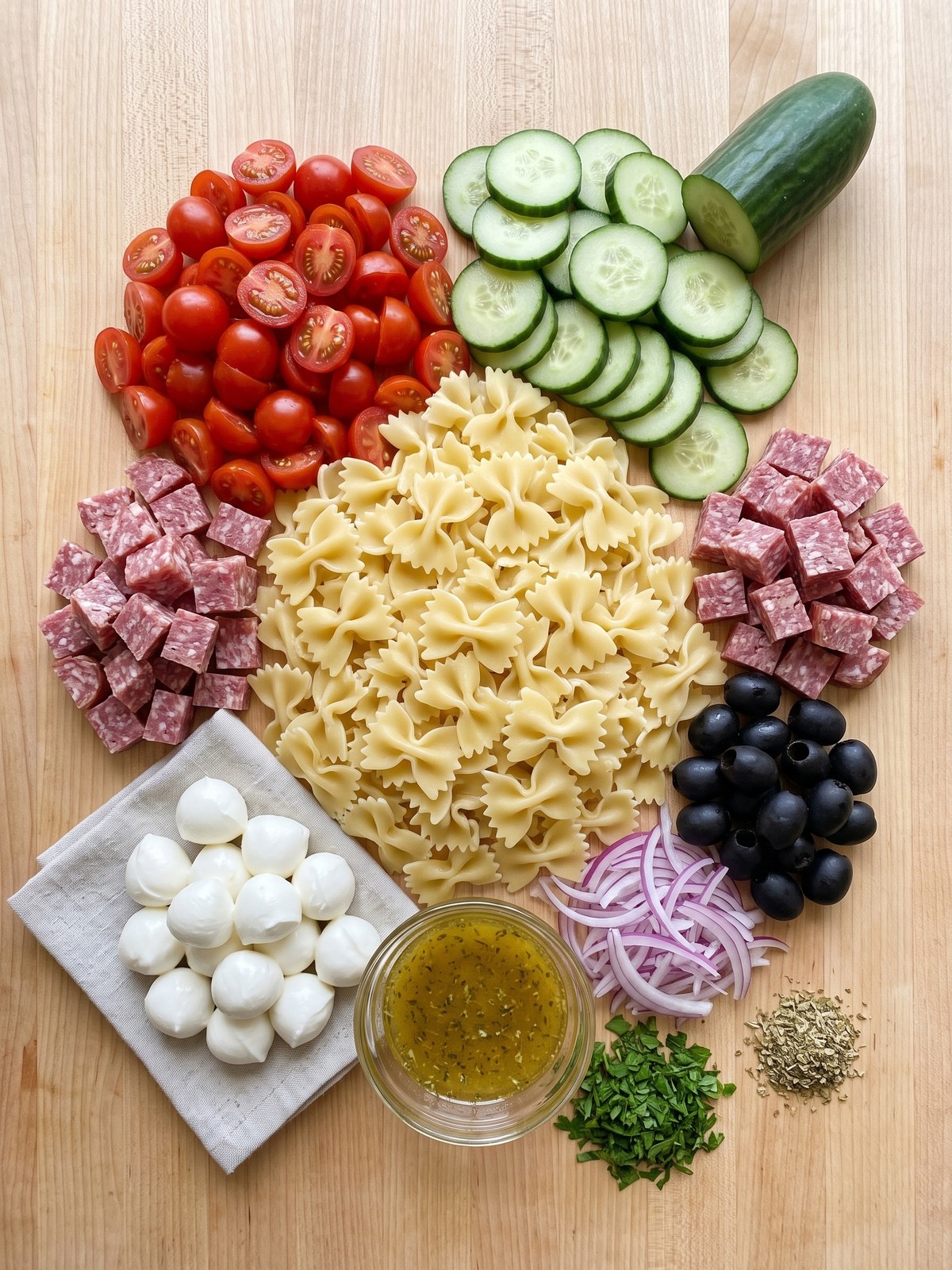 Overhead shot of Italian Pasta Salad in a large white bowl with farfalle, salami, mozzarella, tomatoes, cucumber, and olives, tossed in vinaigrette and garnished with parsley.
