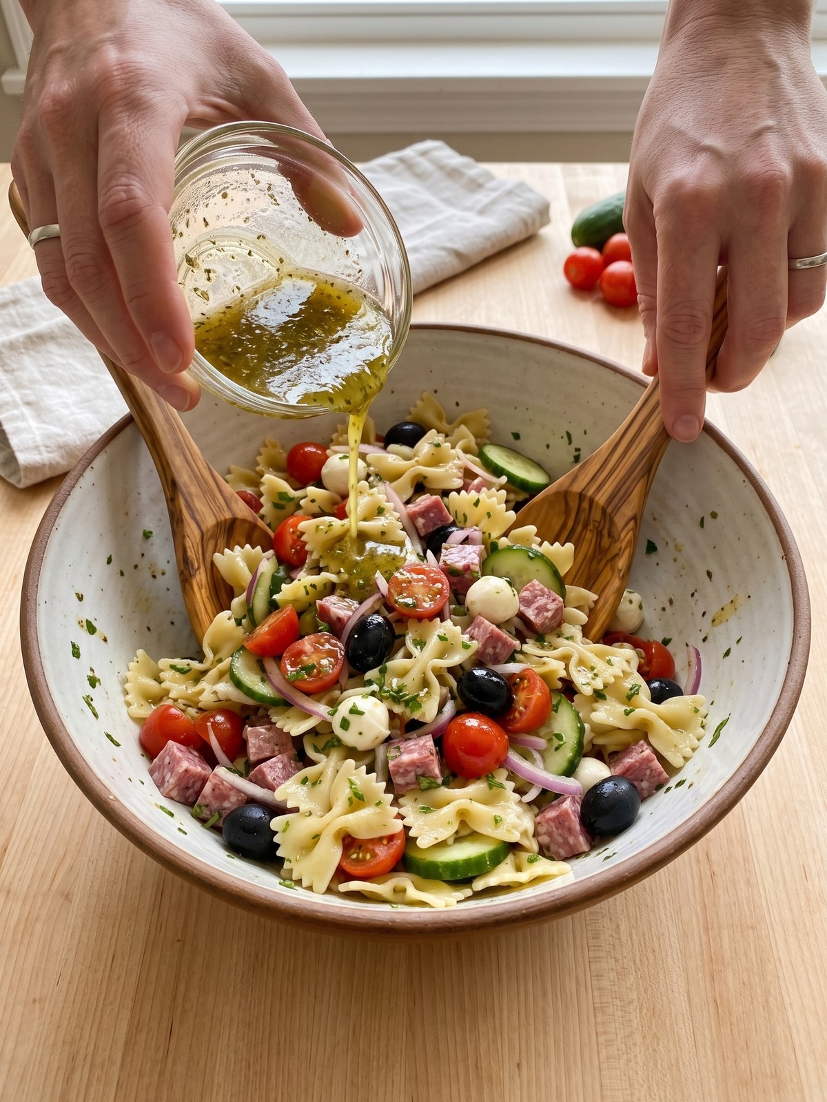 Close-up of a wooden spoon lifting a bite of Italian Pasta Salad with farfalle, salami, mozzarella, and vegetables coated in vinaigrette.
