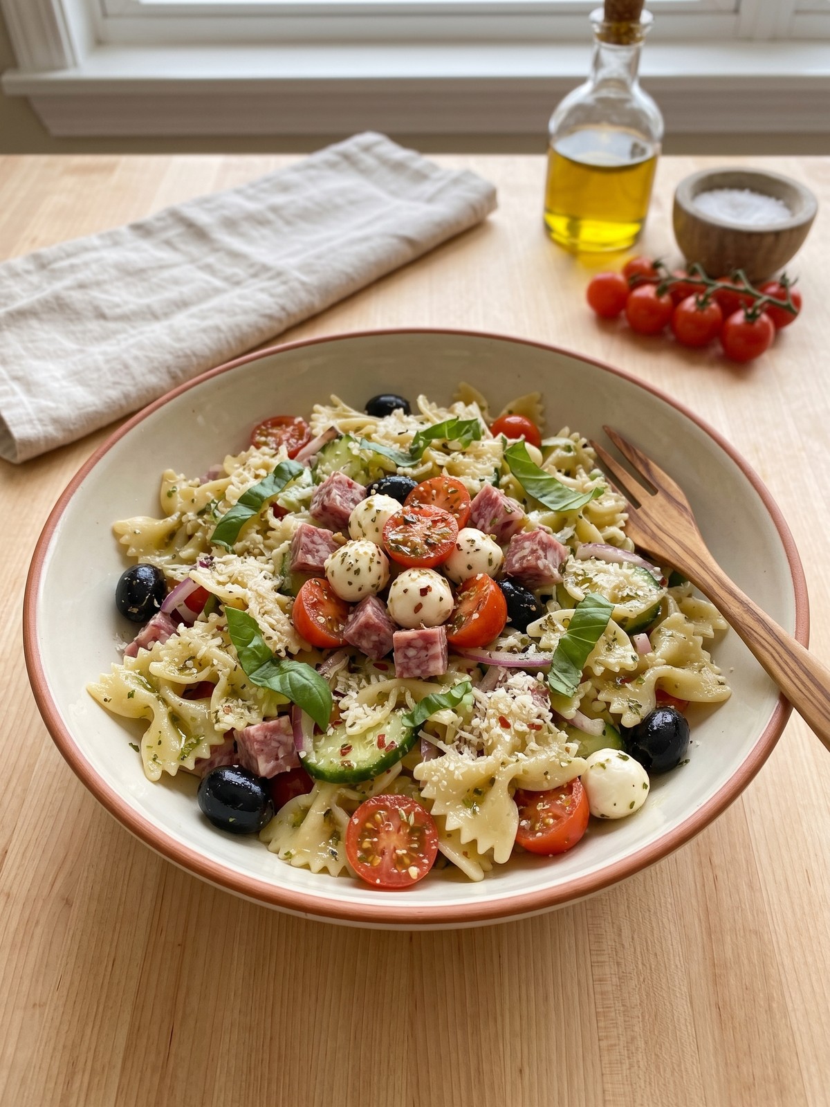 Italian Pasta Salad in a serving bowl with a spoon, showing a variation with added artichoke hearts and roasted red peppers.