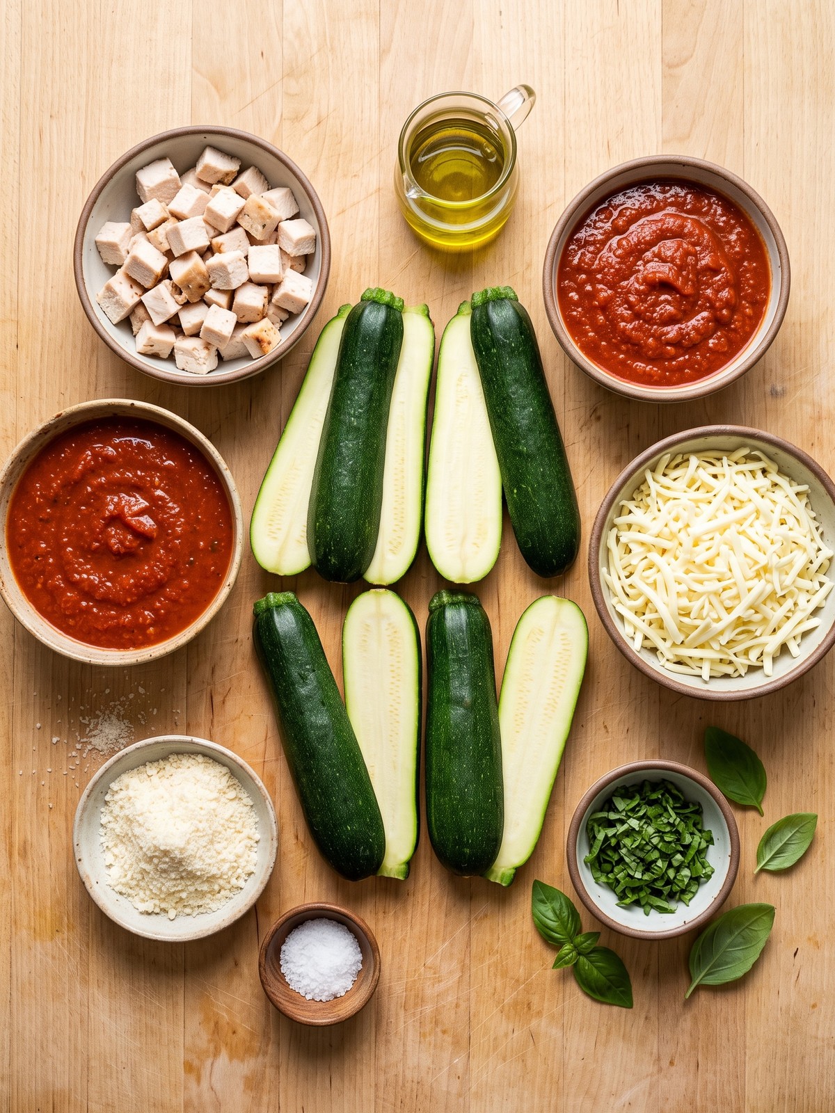Keto Chicken Parmesan Zucchini Boats ingredients on a wooden board