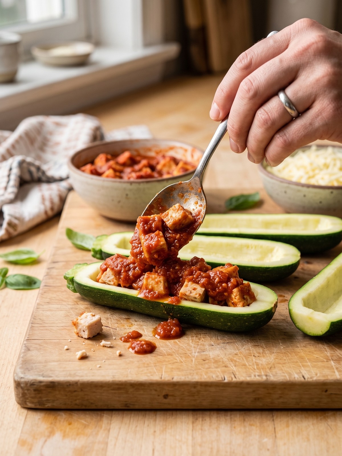 Keto Chicken Parmesan Zucchini Boats baking in the oven