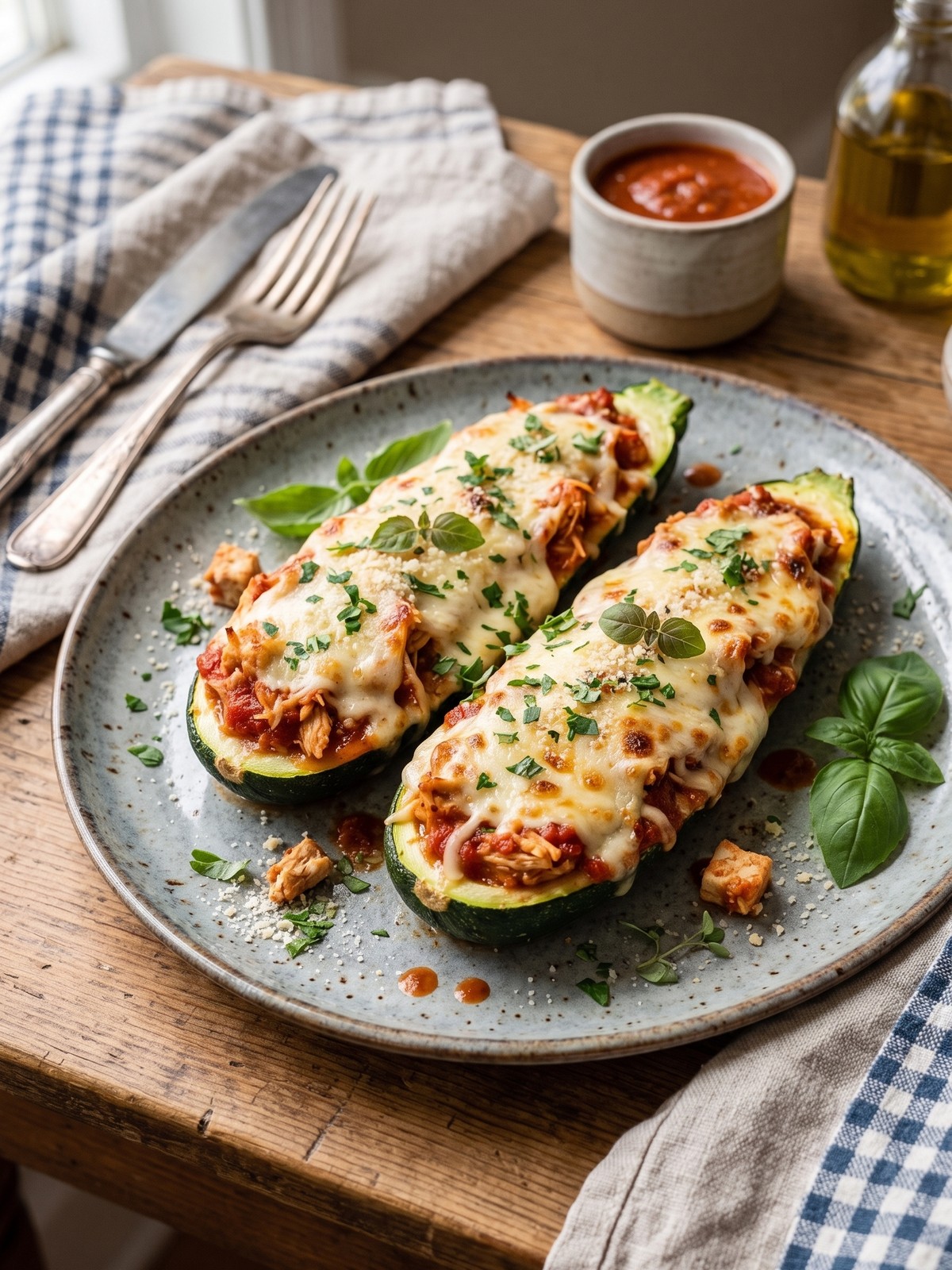 Keto Chicken Parmesan Zucchini Boats served on a plate