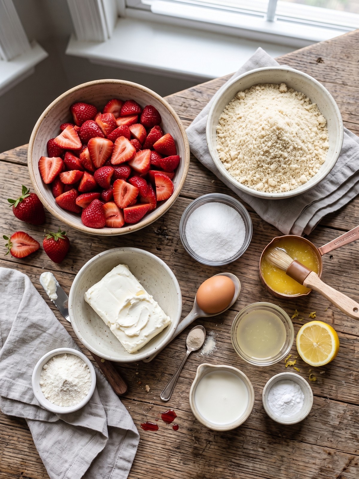 Keto Strawberry Cream Cheese Cobbler ingredients arranged with sliced berries, almond flour, butter, and cream cheese