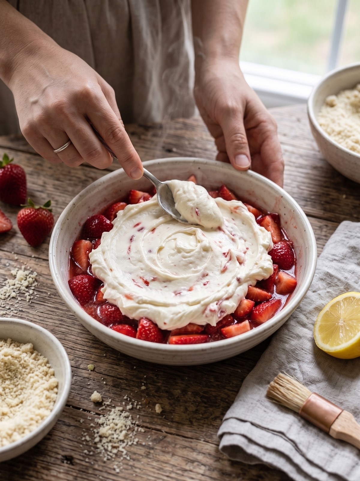 Keto Strawberry Cream Cheese Cobbler baking steps with berry filling, almond flour topping, and cream cheese swirls