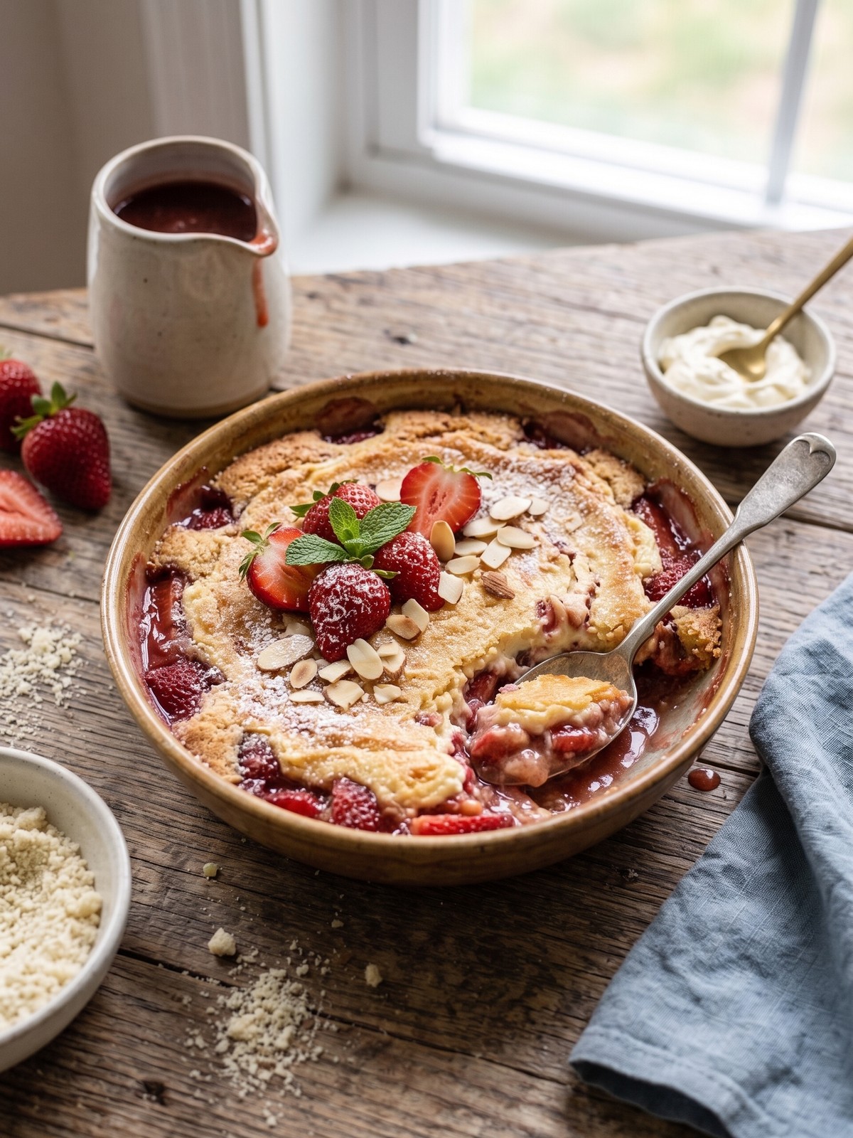 Served Keto Strawberry Cream Cheese Cobbler with golden almond flour topping and visible berry filling
