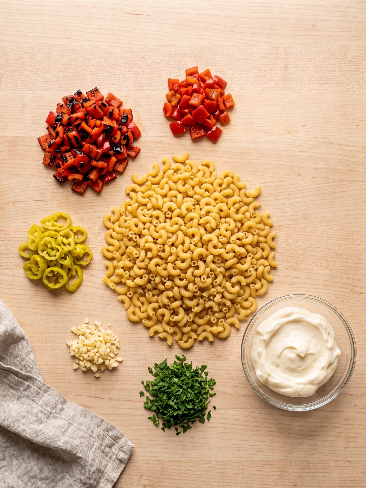 Overhead shot of Mac-Daddi-Roni Salad in a large white bowl with charred red peppers, Peppadews, and pepperoncini visible, garnished with parsley.