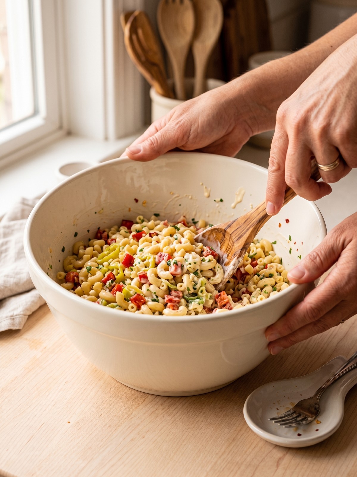 Close-up of a wooden spoon mixing Mac-Daddi-Roni Salad in a bowl, showing the creamy dressing coating the macaroni and peppers.