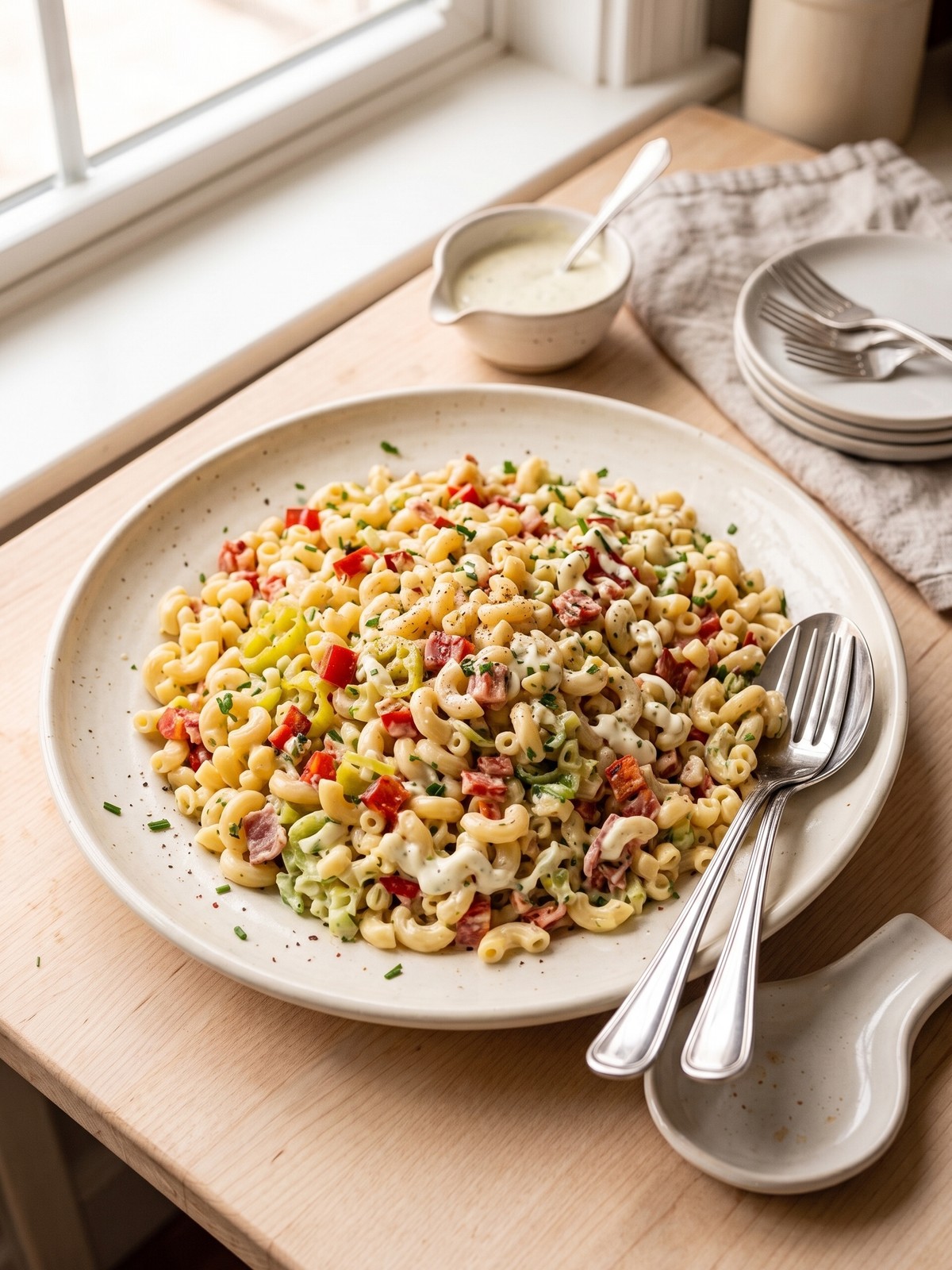 Mac-Daddi-Roni Salad served in a colorful ceramic bowl on a picnic table, with a spoon and a glass of iced tea nearby.