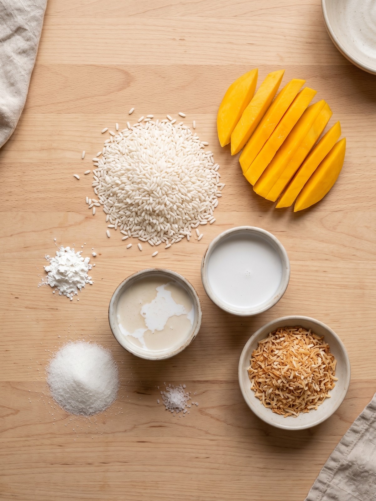 Mango Sticky Rice Rolls arranged on a white plate with toasted coconut coating and a glossy drizzle.