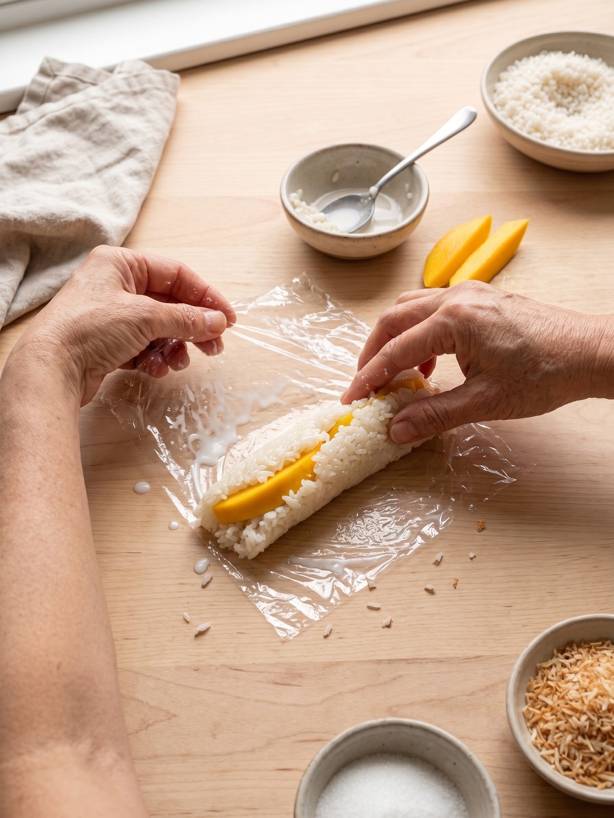 Step-by-step process of wrapping mango spears in coconut sticky rice and rolling in toasted coconut.