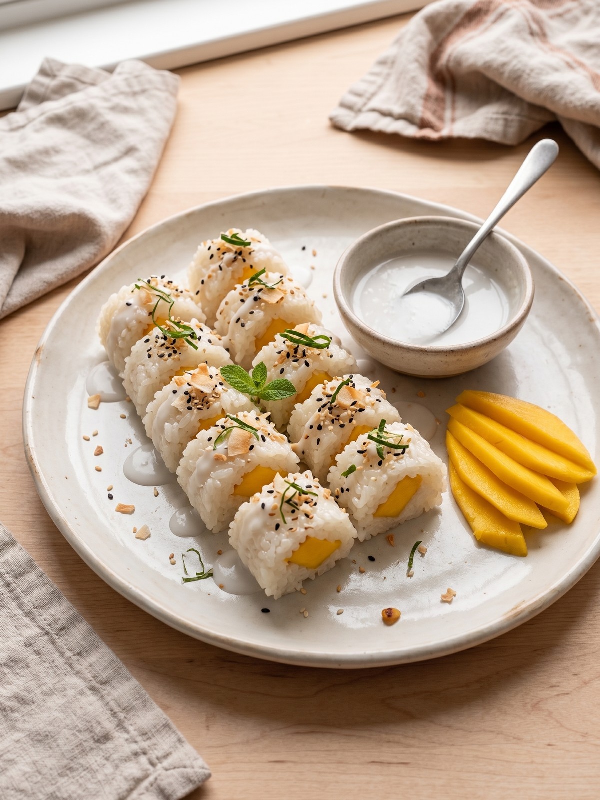 Variation of Mango Sticky Rice Rolls with a chocolate drizzle and sesame seed coating.