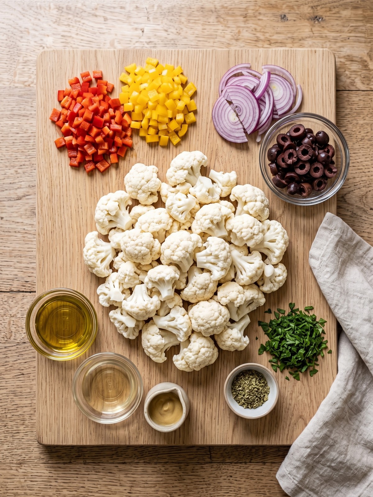 Marinated Cauliflower Salad ingredients with peppers olives onion and vinaigrette