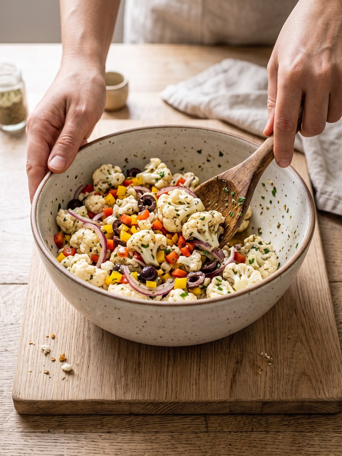 How to make Marinated Cauliflower Salad by tossing vegetables with oregano vinaigrette