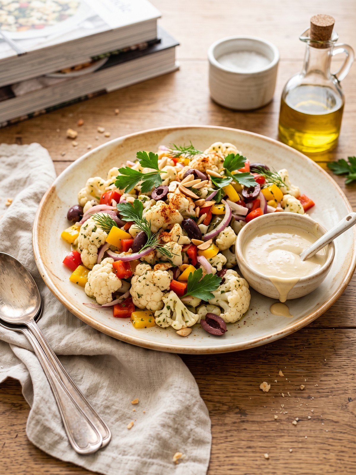Serving bowl of Marinated Cauliflower Salad with parsley olives and colorful peppers
