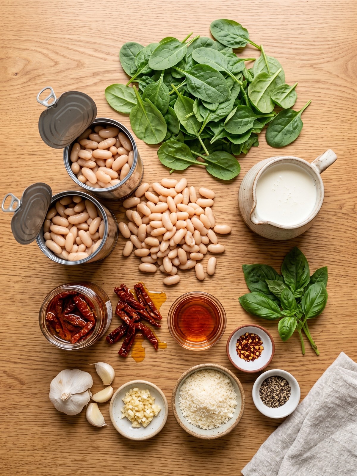Cannellini beans, sun-dried tomatoes, spinach, cream, parmesan, garlic, and basil prepared for Marry Me White Beans