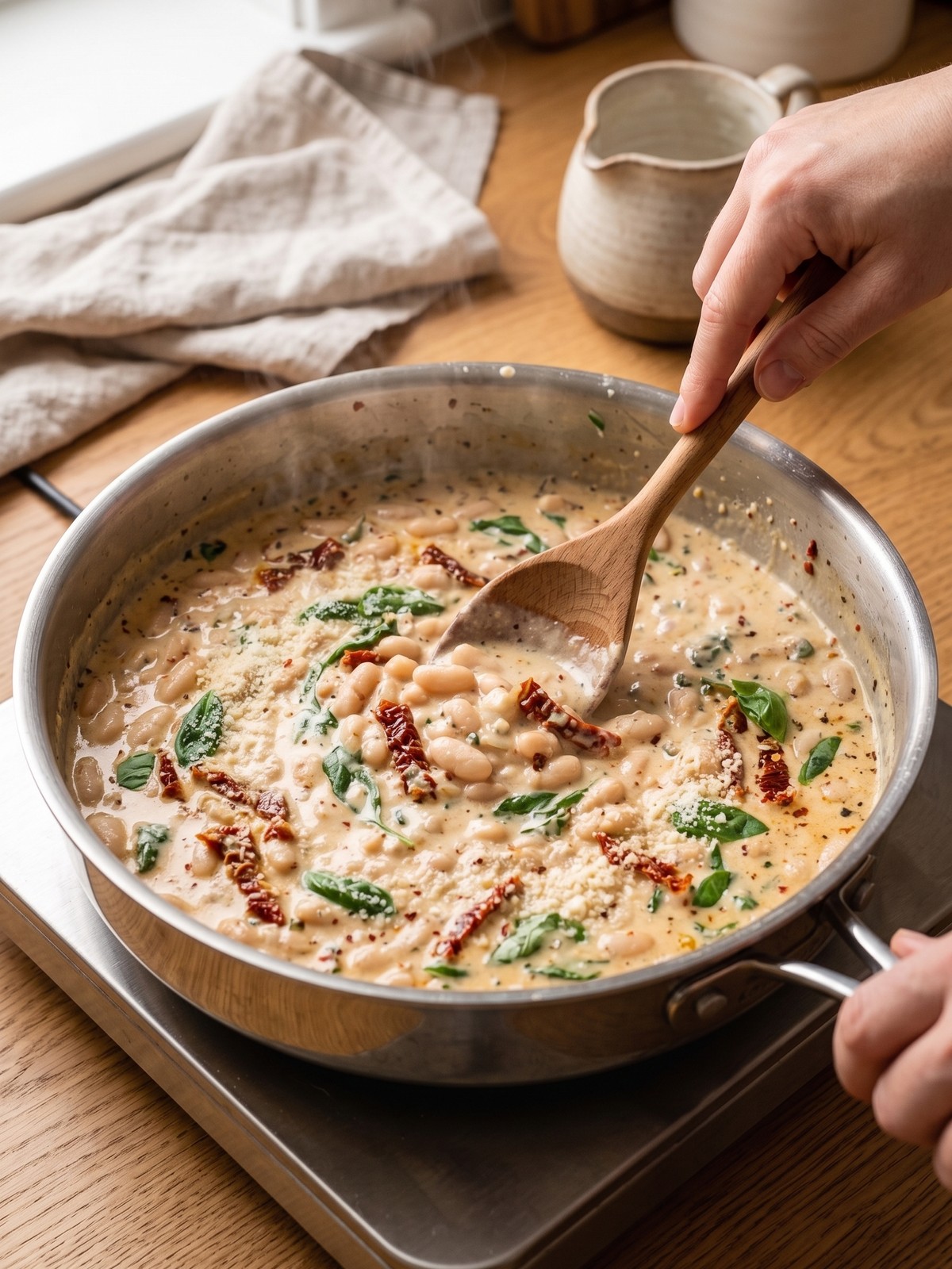 Marry Me White Beans simmering in a creamy sun-dried tomato sauce with spinach and parmesan