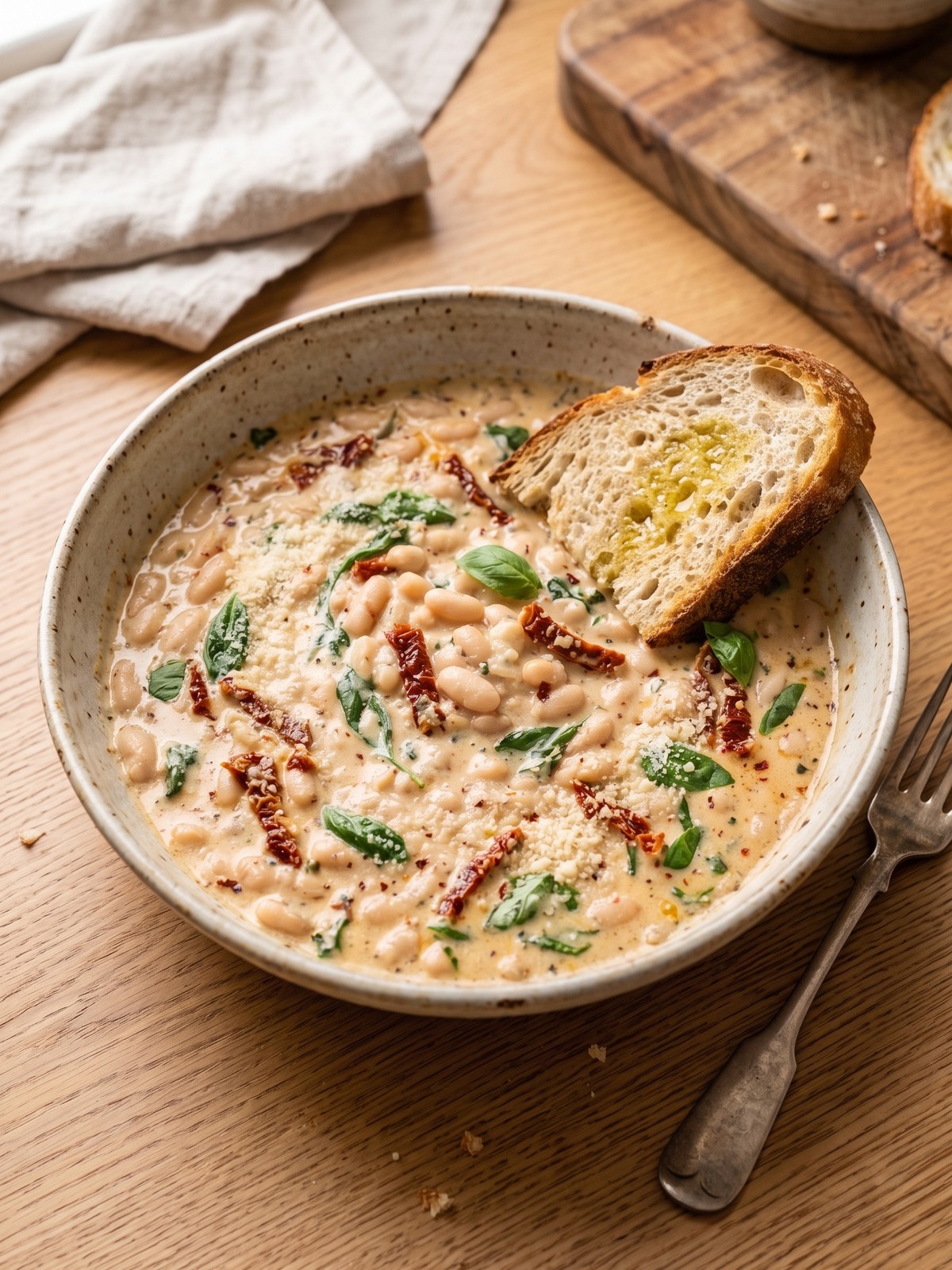 Creamy Marry Me White Beans served with basil, crusty bread, and extra parmesan