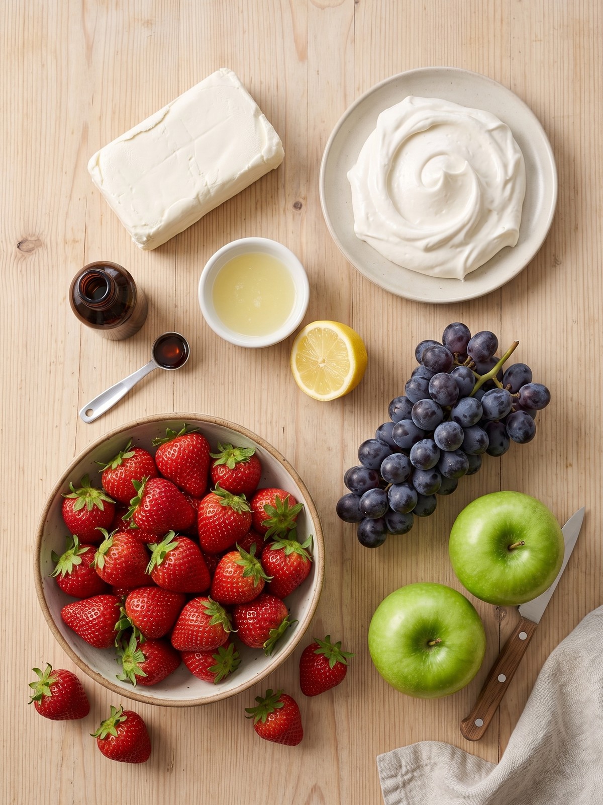 Bowl of marshmallow cream cheese fruit dip surrounded by fresh strawberries, apple slices, and purple grapes on a white platter.