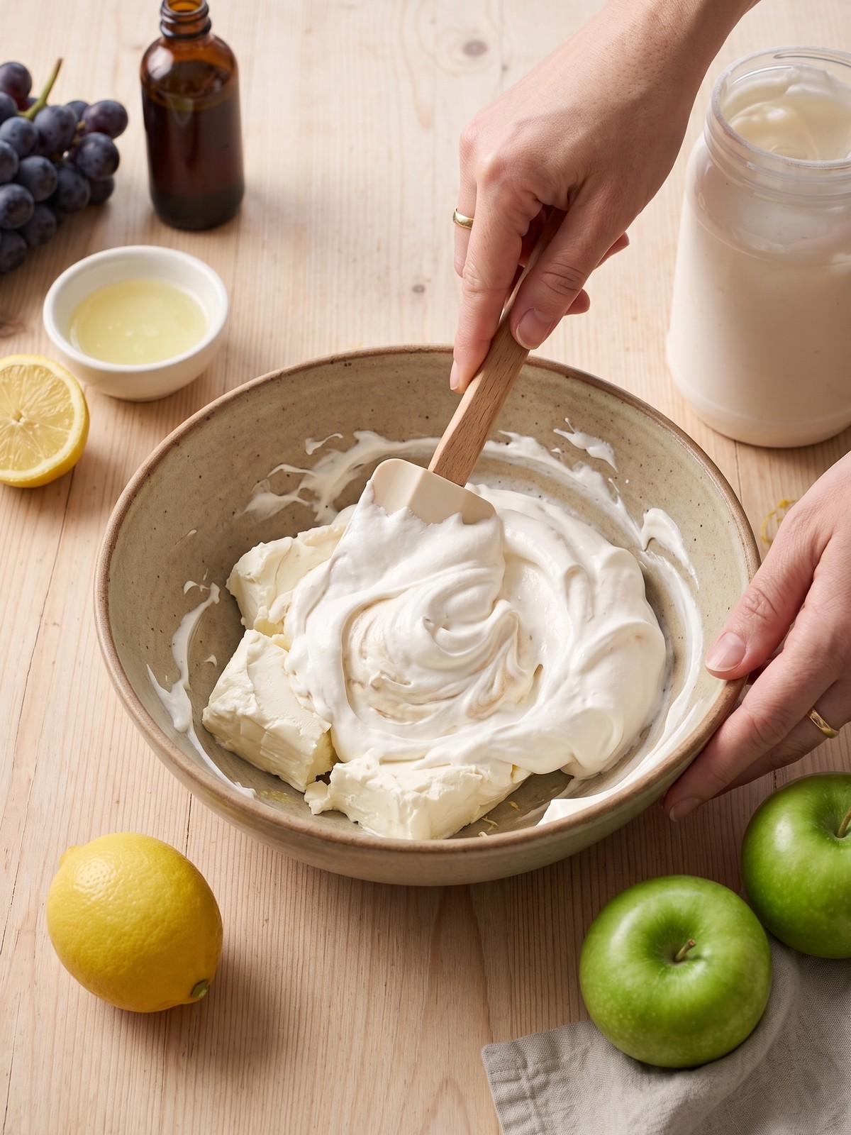 Close-up of a hand dipping a fresh strawberry into a bowl of fluffy marshmallow cream cheese fruit dip.