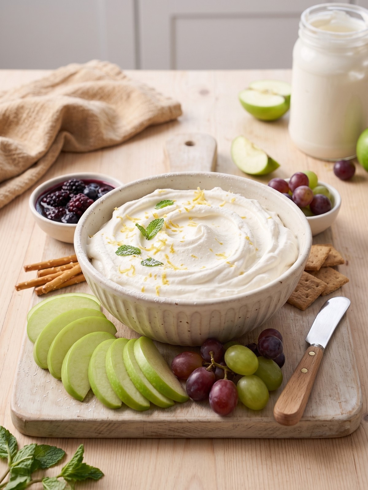 Overhead shot of a party platter with marshmallow cream cheese fruit dip in a white bowl, surrounded by strawberries, apple slices, grapes, and pretzels.