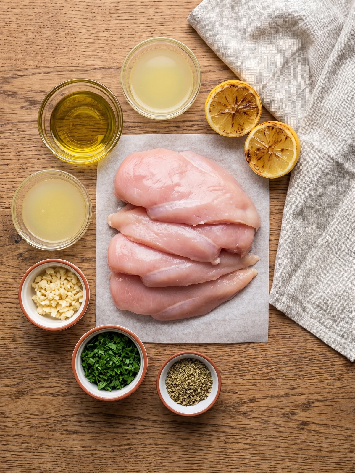 Bowl of Mediterranean chicken marinade with olive oil, lemon, oregano, and garlic, surrounded by fresh ingredients on a light surface.