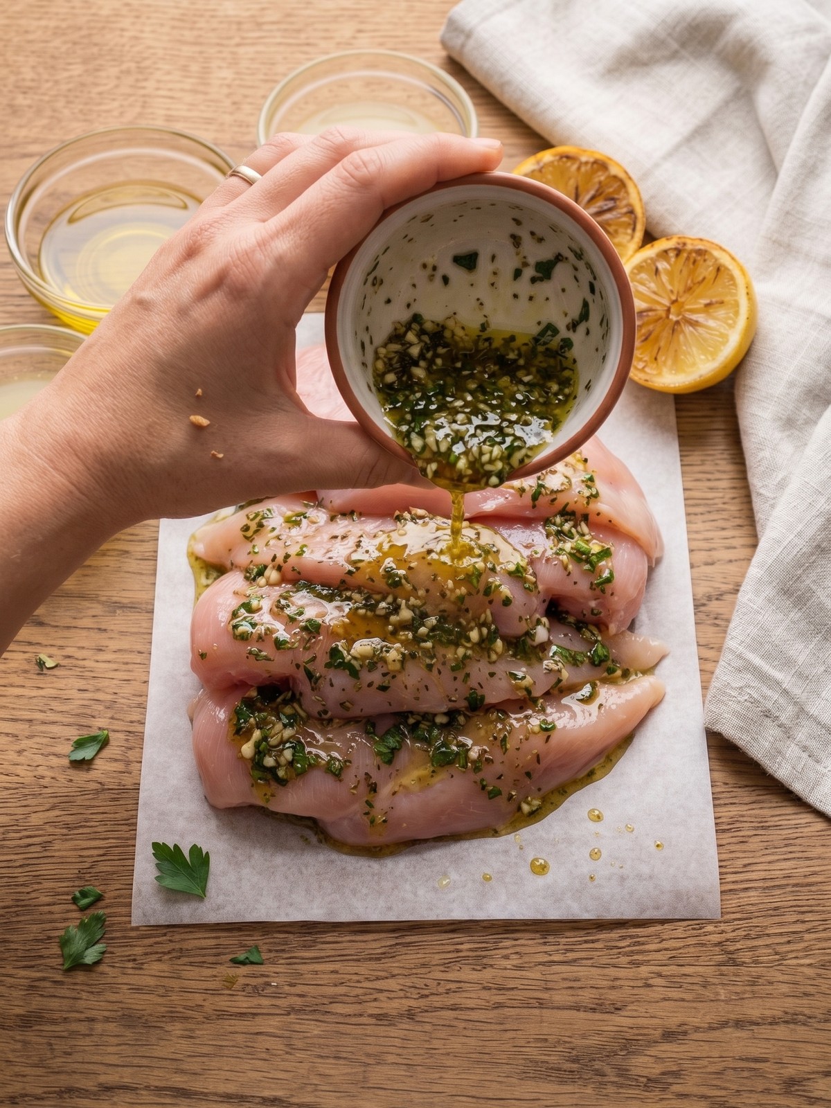 Grilled Mediterranean chicken breasts with charred lemon halves and fresh parsley on a white platter.