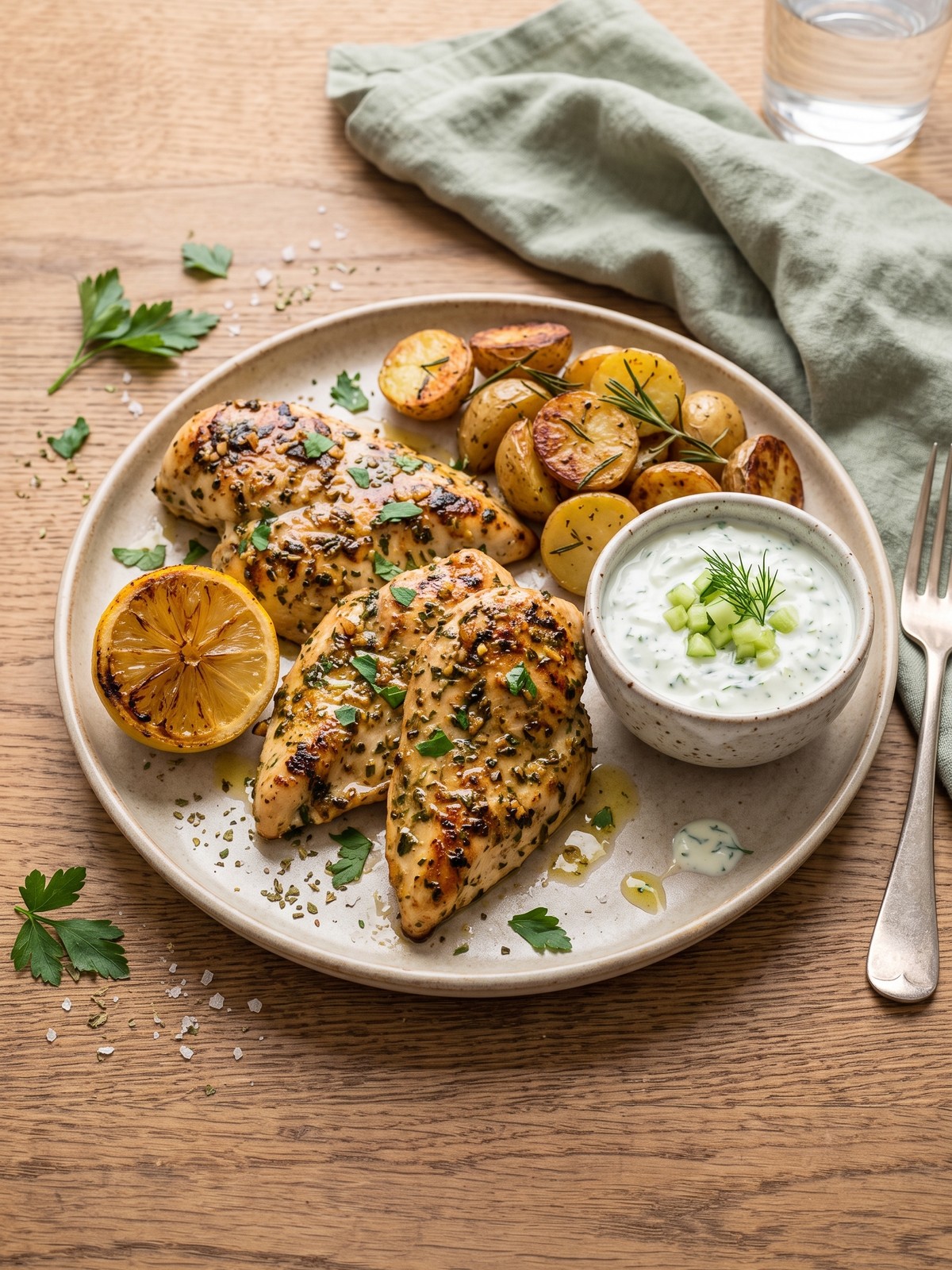Sliced Mediterranean chicken on a wooden board with charred lemon, fresh herbs, and a small bowl of extra marinade.