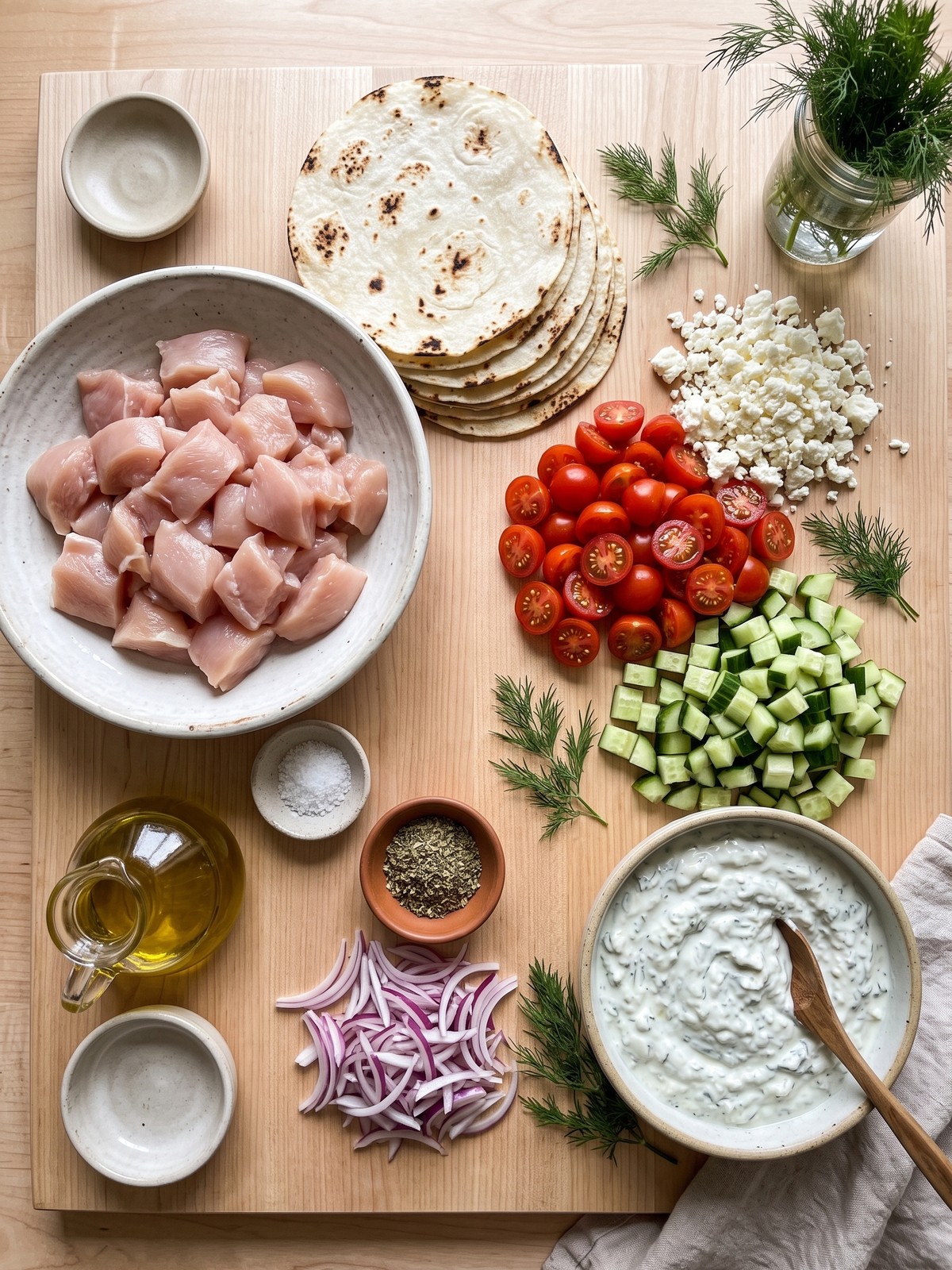 Mediterranean Chicken Tacos ingredients arranged with chicken, tortillas, cucumber, tomatoes, feta, tzatziki, and dill