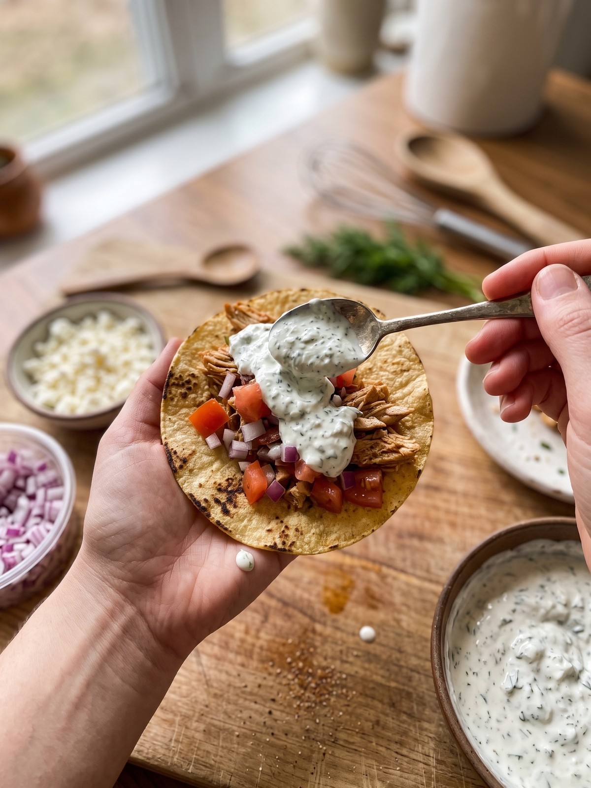 Step by step assembly for Mediterranean Chicken Tacos with oregano chicken and tzatziki in charred tortillas