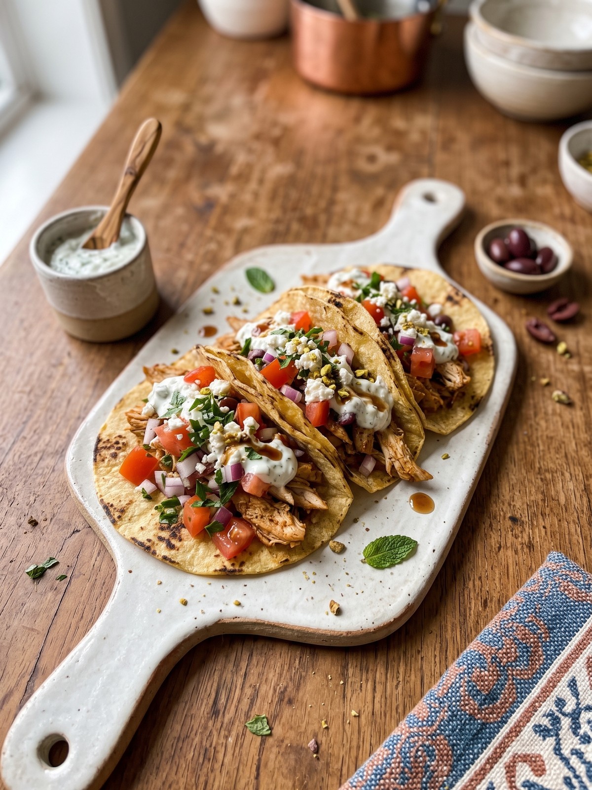 Serving ideas for Mediterranean Chicken Tacos with feta, dill, tzatziki, and fresh vegetable toppings
