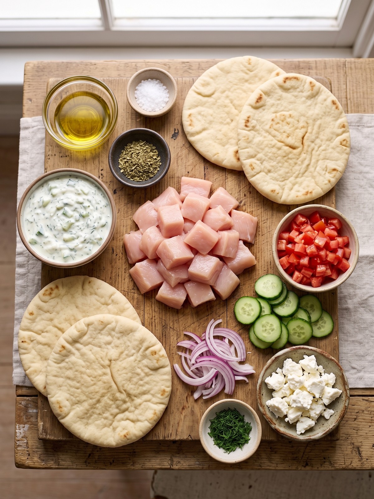 Mediterranean Greek Chicken Flatbreads with tzatziki, tomatoes, cucumber, red onion, feta, and fresh dill on a wooden board.